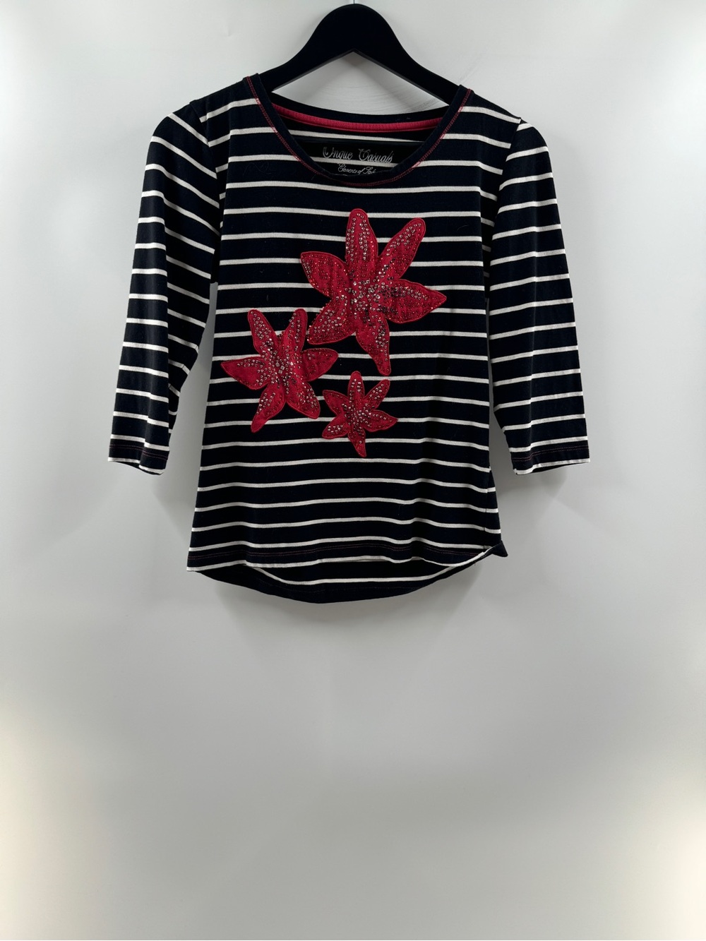 Onque Casuals Black & White Striped Rhinestone Poinsettia Quarter Sleeve Top – W
